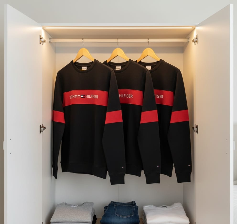 Tommy Hilfiger Style Winter Shirt | Black with Red Stripe | Men's Premium Thermal Shirt | Brand Inspired Design | Sizes M, L, XL