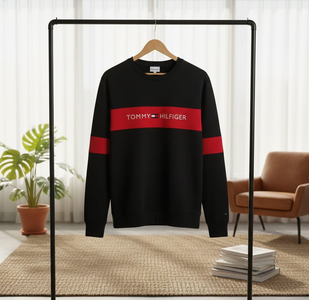 Tommy Hilfiger Style Winter Shirt | Black with Red Stripe | Men's Premium Thermal Shirt | Brand Inspired Design | Sizes M, L, XL