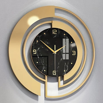 3D modern geometric wall clock with black, white, and walnut wood segments, silent quartz movement, hanging in a Pakistani home interior.
