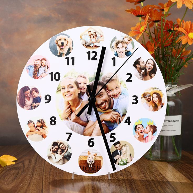 Customized photo wall clock with family pictures, personalized wall decor for drawing room in Pakistan.