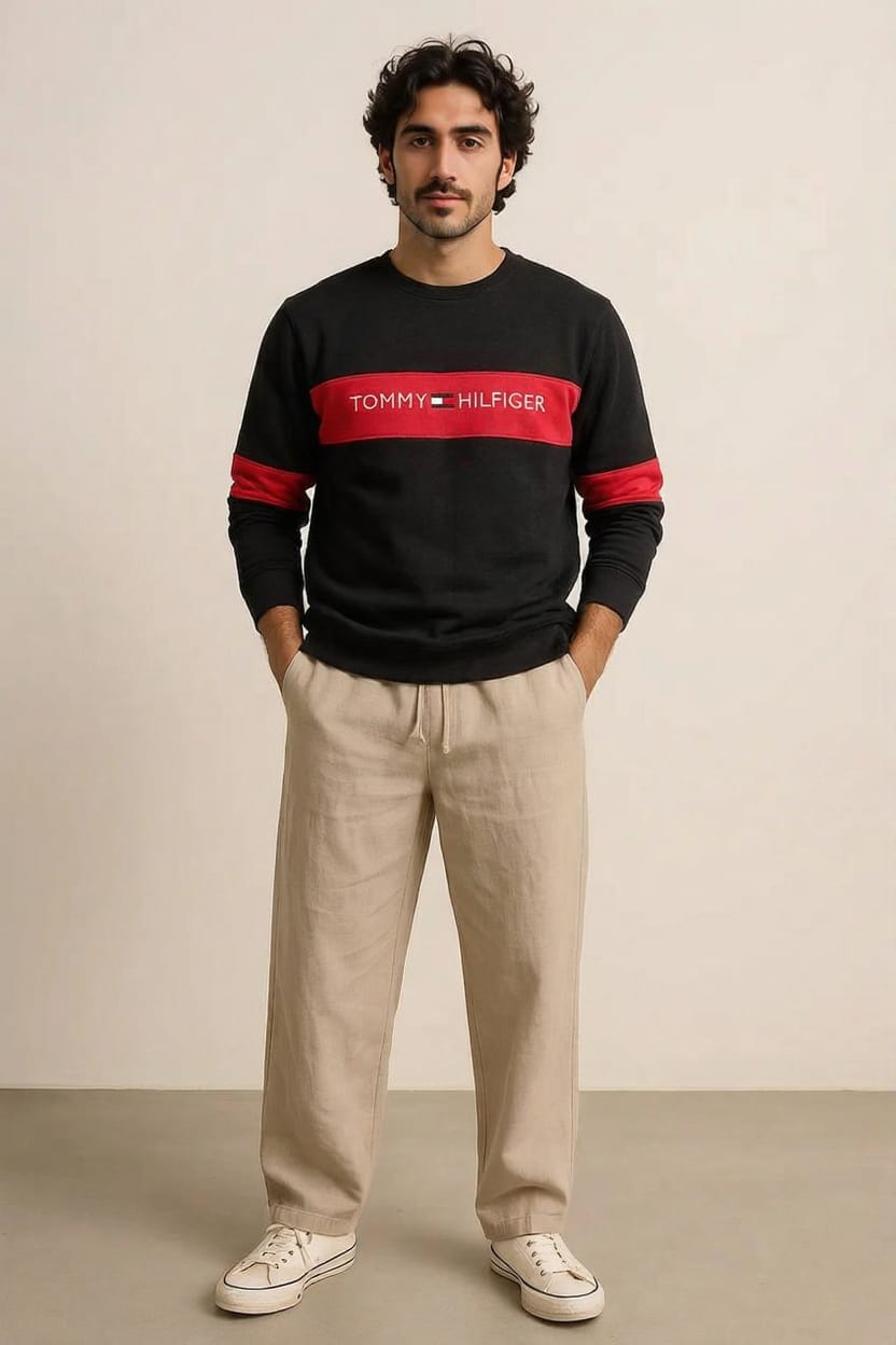 Tommy Hilfiger Style Winter Shirt | Black with Red Stripe | Men's Premium Thermal Shirt | Brand Inspired Design | Sizes M, L, XL